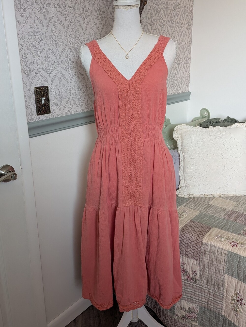 April Cornell Panama Dress S Coral Cotton Crepe Crochet Lace